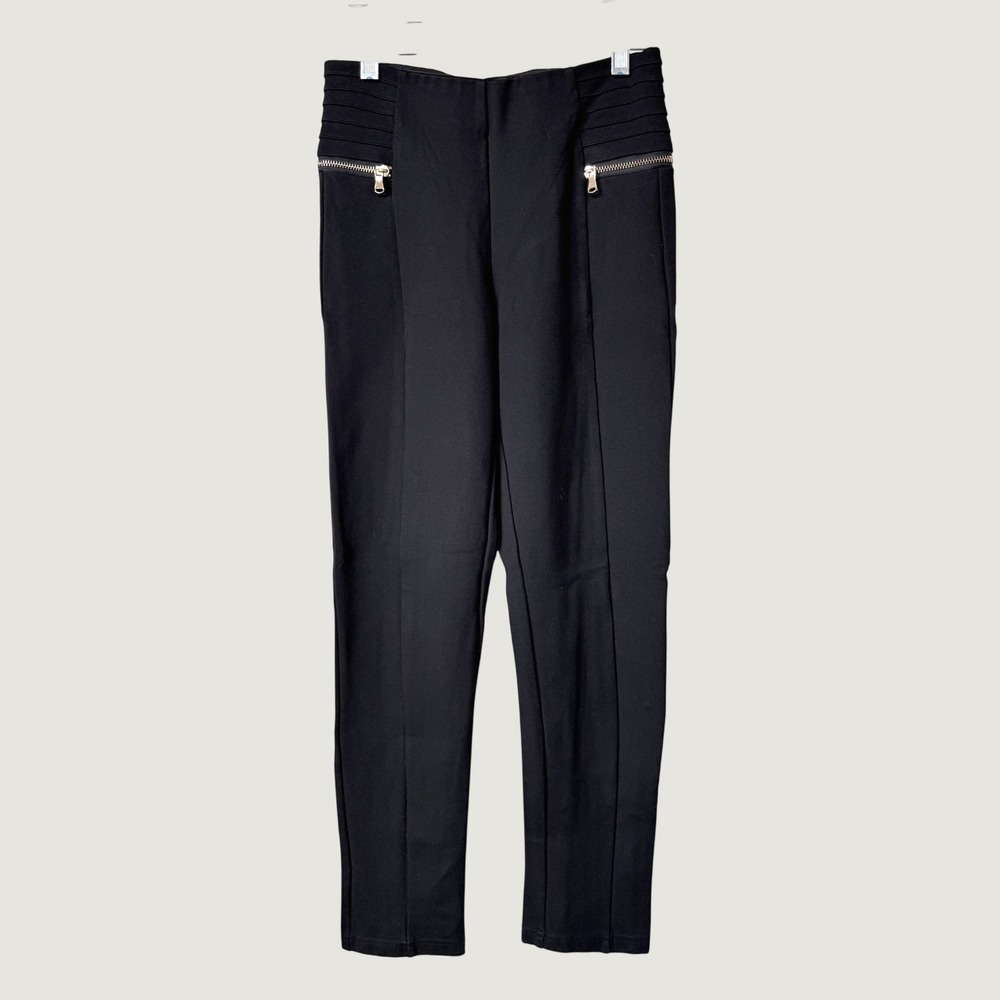 Zara Black High Waisted Moto Leggings Gold Zipper Pintuck Pants Size M